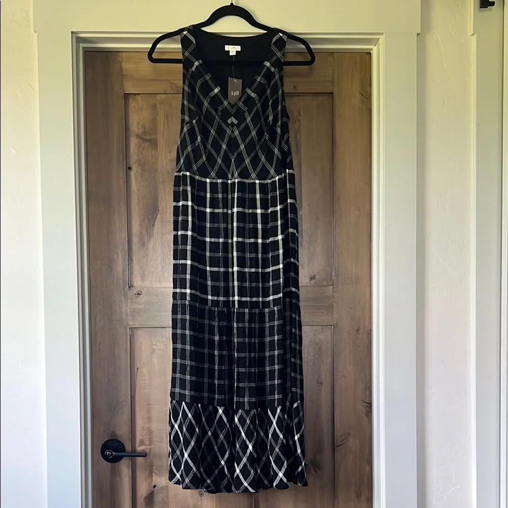 NWT J. Jill Black White Mixed Print Plaid Print Midi Dress - Picture 2 of 10